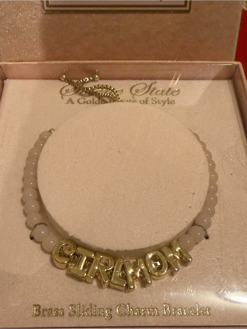 Brass Sliding Charm Bracelet with Gold 'GIRL MOM' Letters - blush Beads